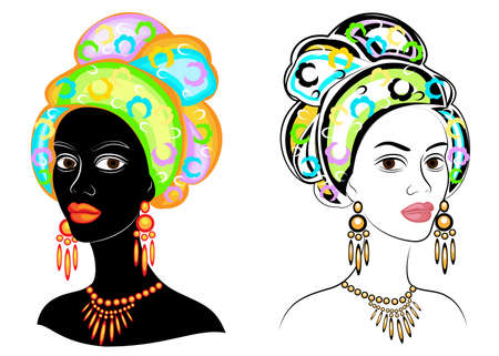 Collection. Head of the sweet lady. On the head of an African-American girl is a bright bright scarf and turban. The woman is beautiful and stylish. Vector illustration set.のイラスト素材