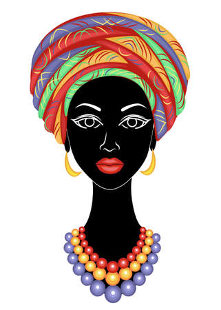 Head of a sweet lady. A bright shawl and a turban were fixed on the head of the African American girl. The woman is beautiful and stylish. Vector illustration.のイラスト素材