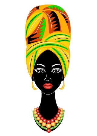 Head of a sweet lady. A bright shawl and a turban were fixed on the head of the African American girl. The woman is beautiful and stylish. Vector illustration.のイラスト素材