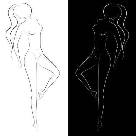 Silhouette of beautiful nude lady on white and black background. Figures of girls, graceful and slender. Vector illustration.のイラスト素材