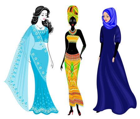 A collection of beautiful ladies. A Muslim, an African-American girl and an Indian woman. National clothes. Set of vector illustrations.のイラスト素材