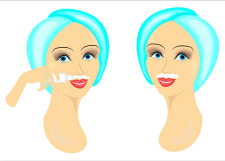 The face of two girls. The ladies make facial depilation on their own. Remove the hair over the upper lip with a gel and wax. Vector illustration.のイラスト素材
