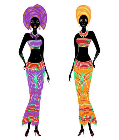 A collection of beautiful African American ladies. Girls have bright clothes, a turban on their heads. Women are young and slim. Vector illustration set.のイラスト素材