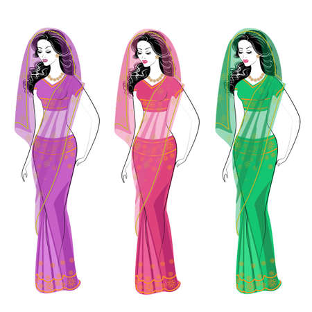 Collection. Silhouette of lovely ladies. The girls are dressed in saris, traditional Indian national clothes. Women are young and beautiful. Set of vector illustrations.のイラスト素材