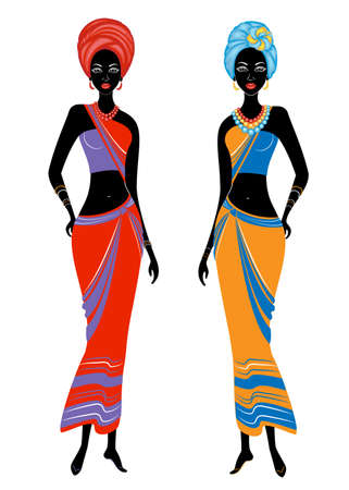A collection of beautiful African American ladies. Girls have bright clothes, a turban on their heads. Women are young and slim. Vector illustration set.のイラスト素材