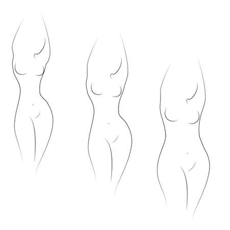 Collection. Silhouette of a beautiful woman figure. The girl is thin, slender and the woman is fat. The lady is standing. Set of vector illustrations.のイラスト素材