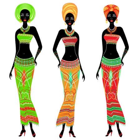 A collection of beautiful African American ladies. Girls have bright clothes, a turban on their heads. Women are young and slim. Vector illustration set.のイラスト素材
