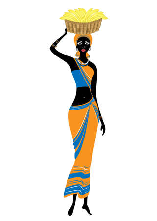 A slender African-American lady. The girl has a basket on her head with bananas. The woman is beautiful and young. Vector illustration.のイラスト素材