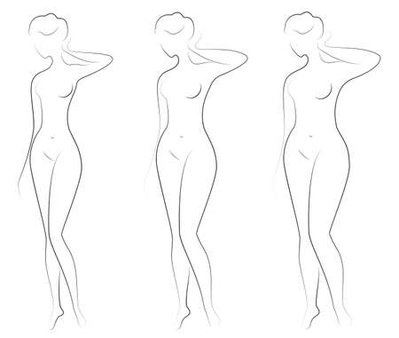 Collection. Silhouette of a beautiful woman figure. The girl is thin, slender and the woman is fat. The lady is standing. Set of vector illustrations.のイラスト素材