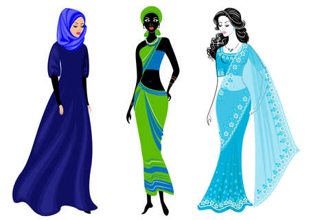 A collection of beautiful ladies. A Muslim, an African-American girl and an Indian woman. National clothes. Set of vector illustrations.のイラスト素材