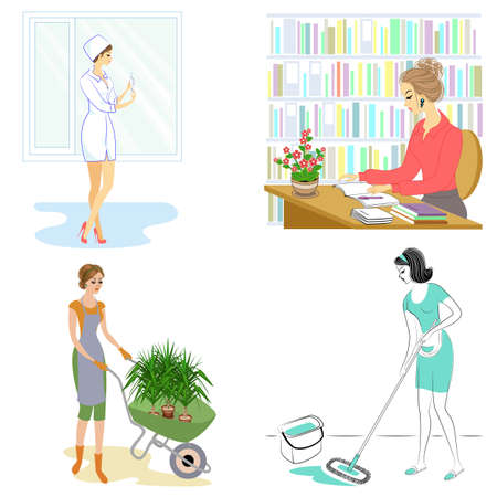 Collection. Professions for the lady. A woman is a gardener, a nurse, a librarian, a cleaning lady. The girls are beautiful and young. Set of vector illustrations.のイラスト素材