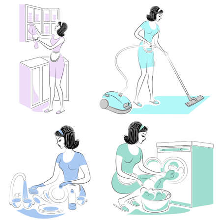 Collection. The girl removes dust in the room with a vacuum cleaner, erases, washes dishes, glass. A woman is a good wife and a neat housewife, a maid. Set of vector illustrations.のイラスト素材