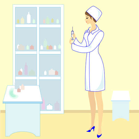 Beautiful nurse, doctor. The girl holds a folder to record the patient s medical history. The woman is an experienced professional. Vector illustration.のイラスト素材