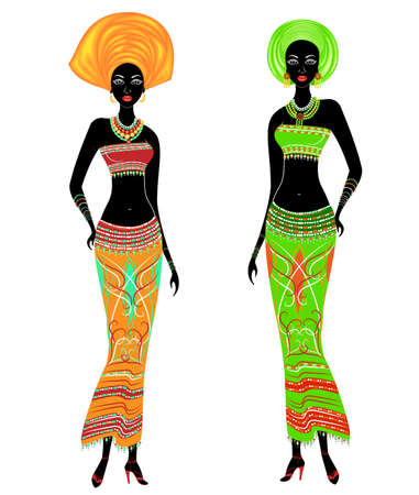 A collection of beautiful African American ladies. Girls have bright clothes, a turban on their heads. Women are young and slim. Vector illustration set.のイラスト素材