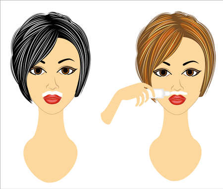 The face of two girls. The ladies make facial depilation on their own. Remove the hair over the upper lip with a gel and wax. Vector illustration.のイラスト素材