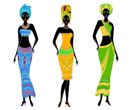 A collection of beautiful African American ladies. Girls have bright clothes, a turban on their heads. Women are young and slim. Vector illustration set.のイラスト素材