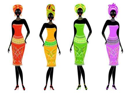 A collection of beautiful African American ladies. Girls have bright clothes, a turban on their heads. Women are young and slim. Vector illustration set.のイラスト素材