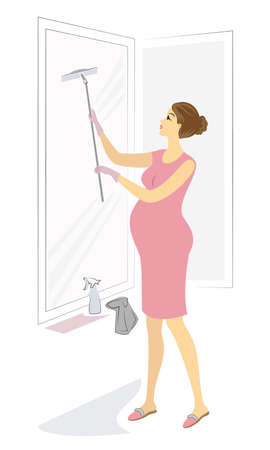 Profile of a cute pregnant lady. The girl washes the window. The woman is a good wife and neat housewife. Vector illustration.のイラスト素材