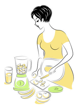 Profile of a beautiful pregnant lady. The girl prepares food. Woman beats fruit blender with fresh juice. Vector illustration.のイラスト素材