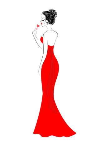Silhouette of a sweet lady in a red dress. A girl is eating candy, a red lollipop in the shape of a heart. A gift for Valentine s Day. Vector illustration.のイラスト素材