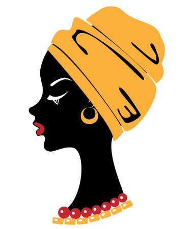 Head profile of a cute lady. On the head of an African American girl is tied a bright handkerchief, a turban. The woman is beautiful and stylish. Vector illustration.のイラスト素材