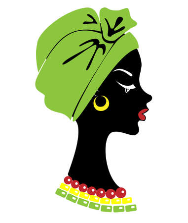 Head profile of a cute lady. On the head of an African American girl is tied a bright handkerchief, a turban. The woman is beautiful and stylish. Vector illustration.のイラスト素材
