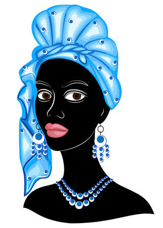 The head of a nice lady. On the head of an African American girl is tied a bright handkerchief, a turban. The woman is beautiful and stylish. Vector illustration.のイラスト素材