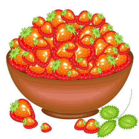 A bountiful harvest. Full bowl of beautiful juicy strawberry berries. Sweet red berries, a source of vitamins and pleasure. Vector illustration.のイラスト素材