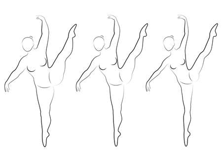 Collection. Silhouette of a cute lady, she is dancing ballet. A woman is overweight. The girl is plump, slim, thin. Woman ballerina, gymnast. Vector illustration set.のイラスト素材