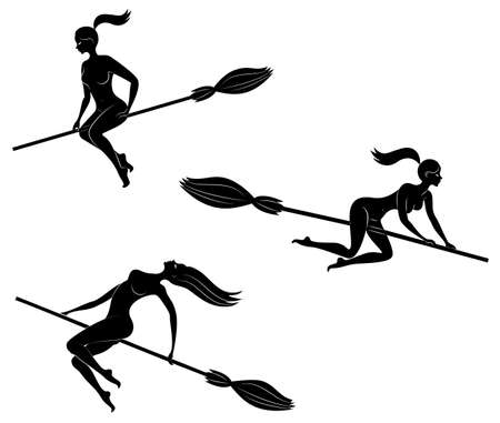 Collection. Fantastic character from a fairy tale, the witch girl. A woman flies on her broom for Halloween. The lady is naked and beautiful. Vector illustration set.のイラスト素材