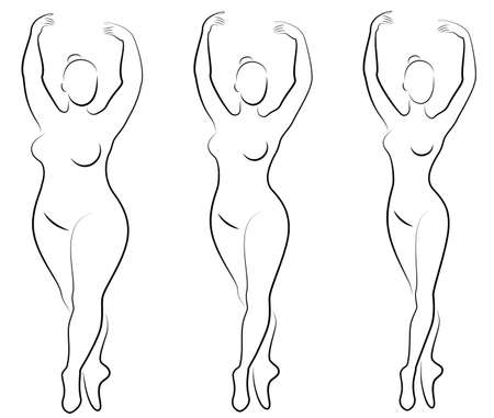 Collection. Silhouette of a cute lady, she is dancing ballet. A woman is overweight. The girl is plump, slim, thin. Woman ballerina, gymnast. Vector illustration set.のイラスト素材
