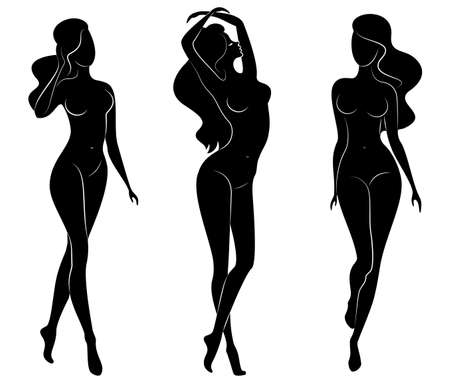 Collection. Silhouette of a cute lady, she stands and walks. The girl has a beautiful nude figure. Woman - young sexy and slim model. Set of vector illustrations.のイラスト素材