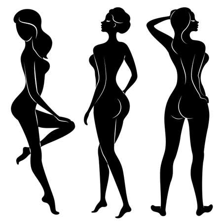 Collection. Silhouette of a sweet beautiful lady. A woman is a sexy and slender model. Set of vector illustrations.のイラスト素材