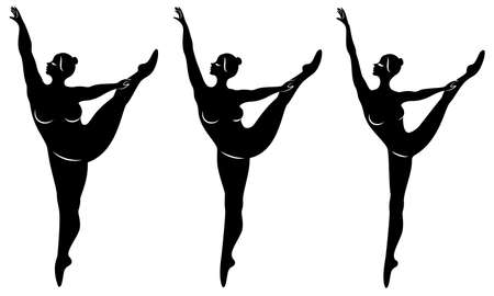 Collection. Silhouette of a cute lady, she is dancing ballet. A woman is overweight. The girl is plump, slim, thin. Woman ballerina, gymnast. Vector illustration set.のイラスト素材