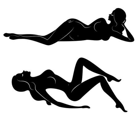 Collection. Silhouettes of lovely ladies. Beautiful girls are sitting in different poses. The figures of women are naked, feminine and slender. Set of vector illustrations.のイラスト素材