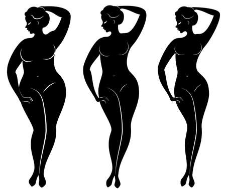 Collection. Silhouette of a beautiful woman figure. The girl is thin, the woman is overweight. The lady is standing, she is slim and sexy. Set of vector illustrations.のイラスト素材