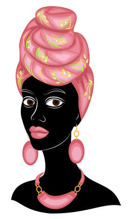 The head of a nice lady. On the head of an African American girl is tied a bright handkerchief, a turban. The woman is beautiful and stylish. Vector illustration.のイラスト素材