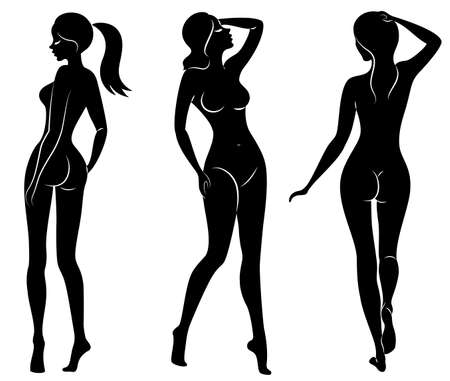 Collection. Silhouette of a sweet beautiful lady. A woman is a sexy and slender model. Set of vector illustrations.のイラスト素材