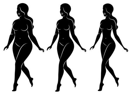 Collection. Silhouette of a beautiful woman figure. The girl is thin, the woman is overweight. The lady is standing, she is slim and sexy. Set of vector illustrations.のイラスト素材