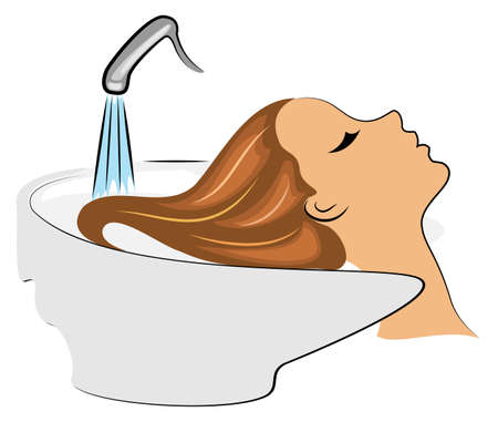 The main profile of a beautiful lady. The girl in the beauty salon. Woman washes her hair with water in the hairdresser s car wash. Vector illustration.のイラスト素材