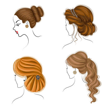 Long braids creative brown hair, isolated on white background. Hairstyles of a woman. Set of vector illustrations.のイラスト素材