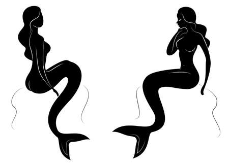 Collection. Silhouette of a mermaid. Girls bathe in a beautiful pose. The lady is young and slender. Fantastic image of a fairy tale. Set of vector illustrations.のイラスト素材