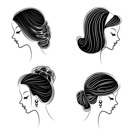 Collection of heads of cute ladies. Girls show female hairstyles for short, long and medium hair. Women are fashionable, beautiful and stylish. Vector illustration set.のイラスト素材