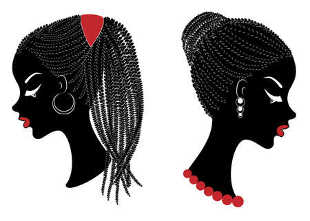 Collection. Profile of a head of sweet ladies. African American girls show hairstyles for long and medium hair. Silhouettes of women are beautiful and stylish. Vector illustration set.のイラスト素材