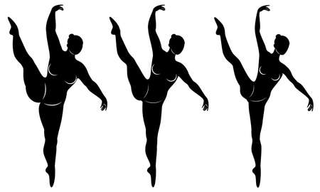 Collection. Silhouette of a cute lady, she is dancing ballet. A woman is overweight. The girl is plump, slim, thin. Woman ballerina, gymnast. Vector illustration set.のイラスト素材