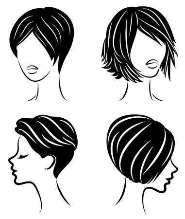 Silhouette of the head of a cute lady. The girl shows her hairstyle for medium and short hair. Suitable for logo, advertising. Vector illustration.のイラスト素材