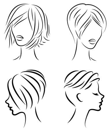 Silhouette of the head of a cute lady. The girl shows her hairstyle for medium and short hair. Suitable for logo, advertising. Vector illustration.のイラスト素材