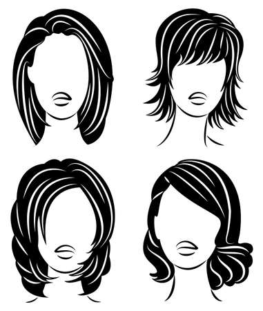 Silhouette of the head of a cute lady. The girl shows her hairstyle for medium and short hair. Suitable for logo, advertising. Vector illustration.のイラスト素材