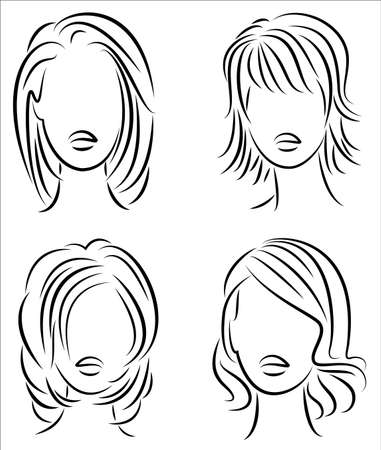 Silhouette of the head of a cute lady. The girl shows her hairstyle for medium and short hair. Suitable for logo, advertising. Vector illustration.のイラスト素材