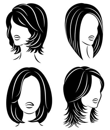 Collection. Silhouette of the head of a cute lady. The girl shows her hairstyle on long and medium hair. Suitable for logo, advertising. Set of vector illustrations.のイラスト素材